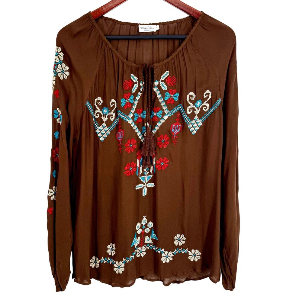 Tasha Polizzi Collection Womens Medium Brown Embroidered Blouse Shirt Top